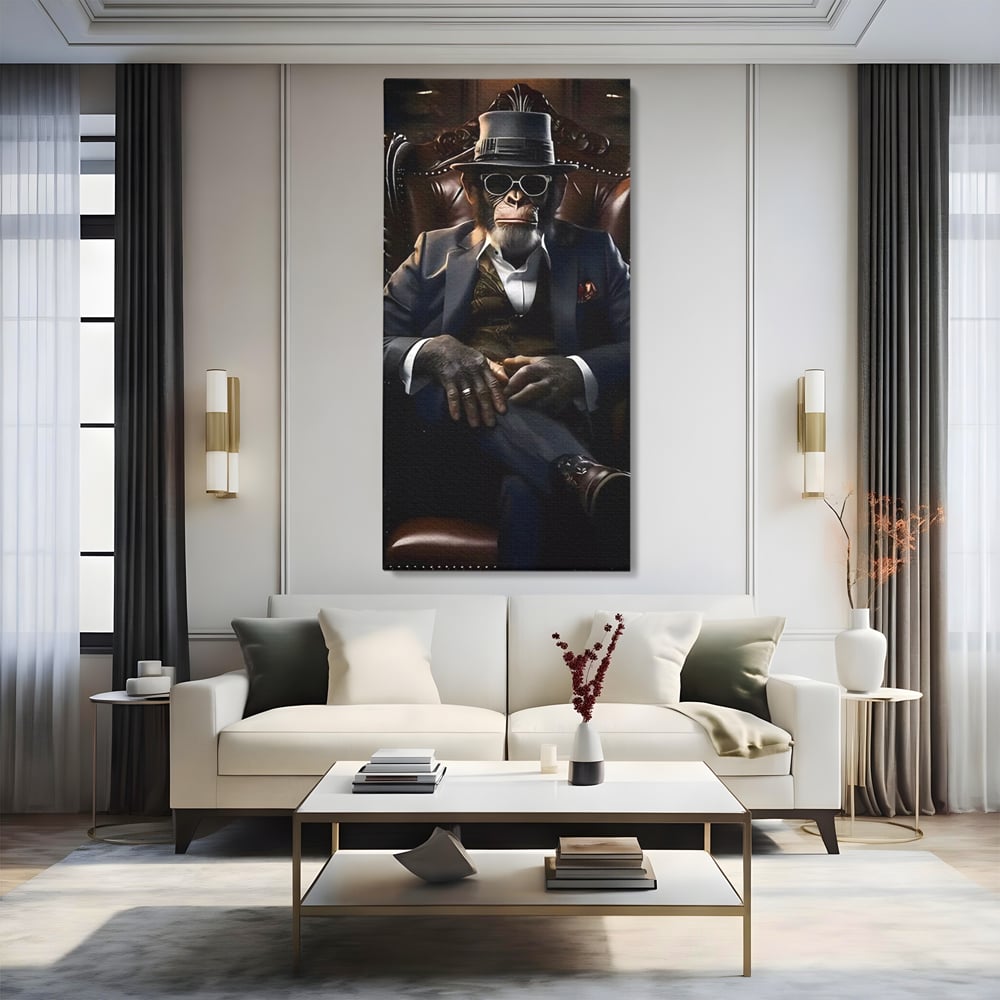 Tablou canvas cu tablou canvas cu cimpanzeu mafiot, fara rama, pe sasiu de lemn, pe perete intr-un living